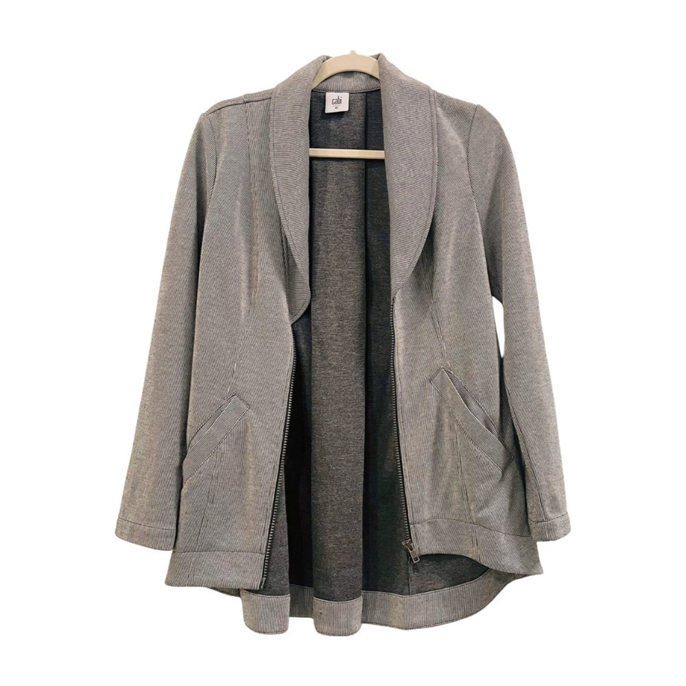 Cabi Grey White Stripe Back Zipper High Low Blazer Jacket Size XS - Picture 3 of 9